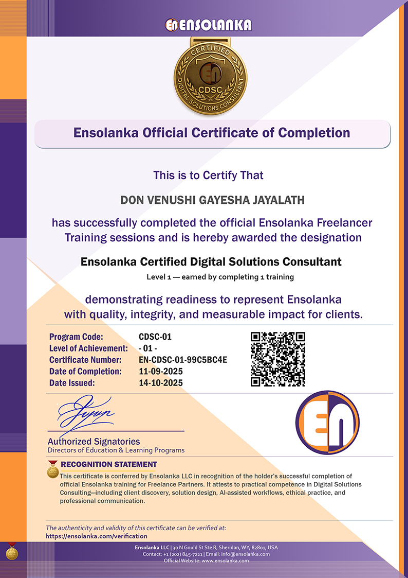 Sample Certificate — Ensolanka Certified Digital Solutions Consultant